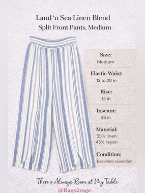 Land N Sea Linen Blend Split Front Wide Leg Pants Medium Blue White